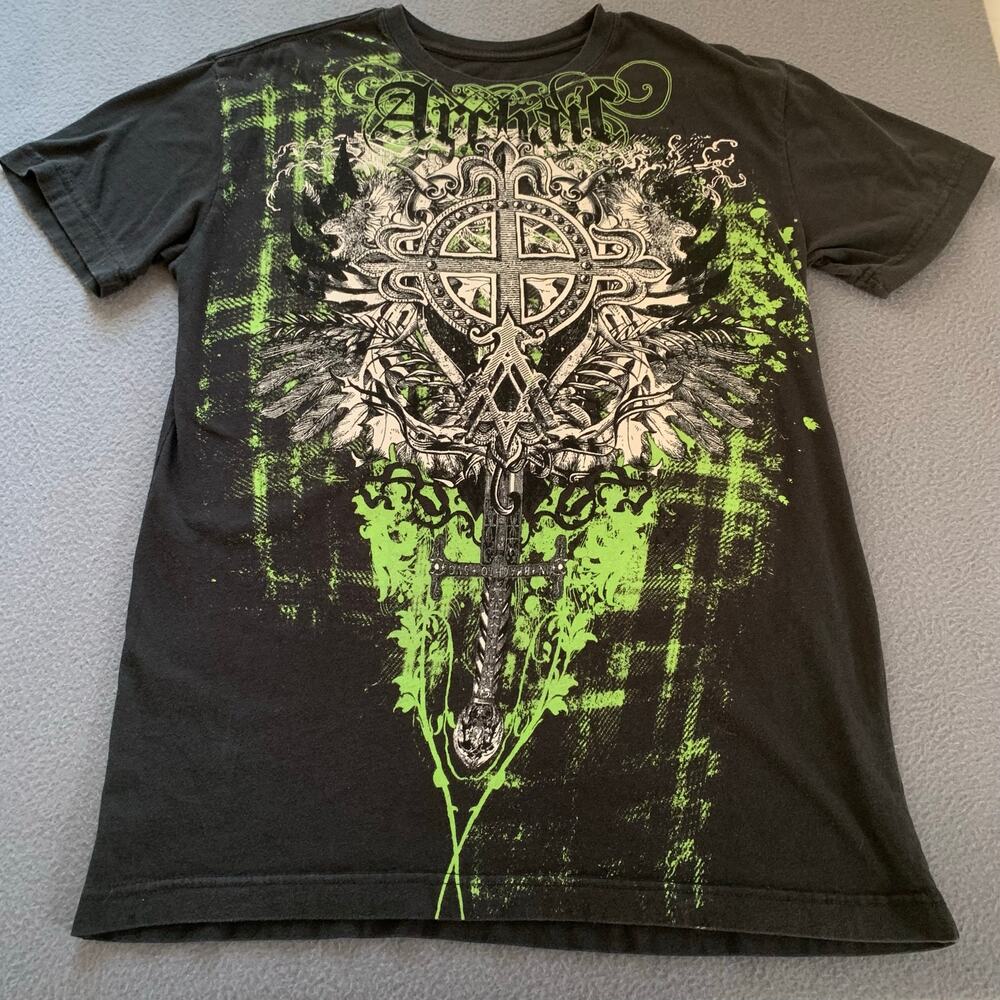 Archaic by Affliction Mens Large Black Graphic T-Shirt Celtic Cross Wings Grunge